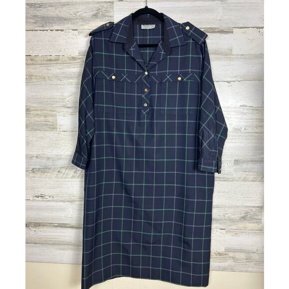 Vintage Burberry womens 14 blue green wool plaid midi dress lightweight long